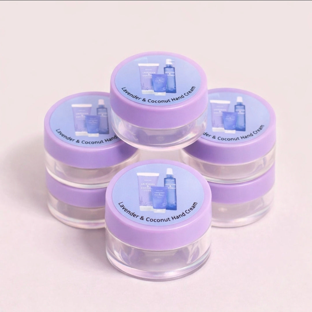 Klistremerke til testkrukke – Lavender & Coconut Hand Cream 💜