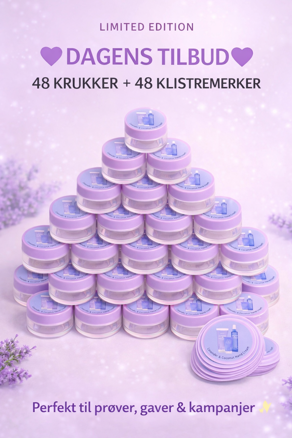 Klistremerke til testkrukke – Lavender & Coconut Hand Cream 💜