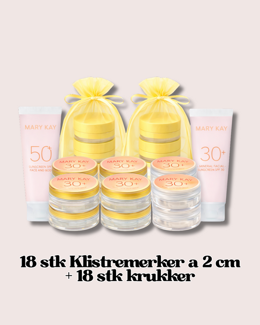 Pakkeløsning med 18 klistermerker 2 cm + 18 krukker