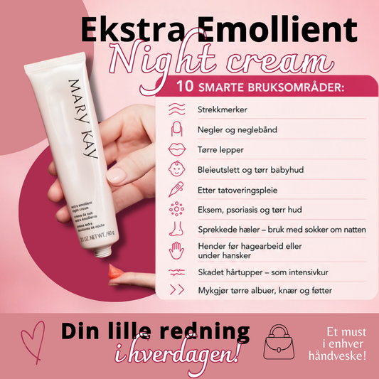 Produktkort 🌱 Extra Emollient night cream på ene siden og Satin Hands cream på andre siden 💕🌿